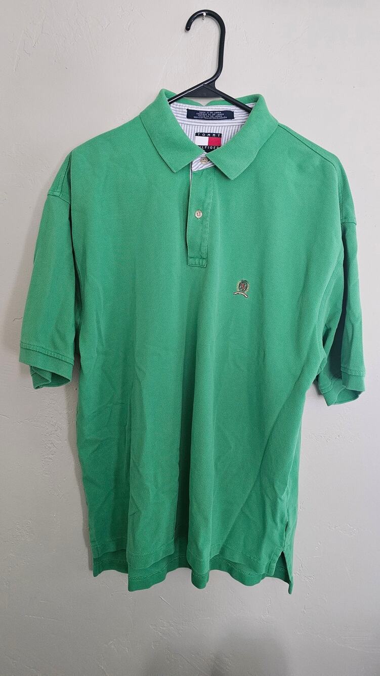 Vintage 90s Tommy Hilfiger Crest Polo Shirt Men's Large Green Pique Knit